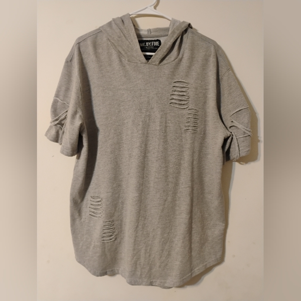 Five By Five By Masterpiece Men's Distressed Grey Hooded Sweatshirt Large